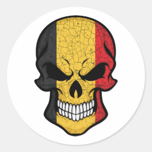 Sticker Rond Drapeau de la Belgique avec crâne souriant