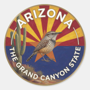 Sticker Rond 🌵 Drapeau de l'Arizona et Troglodyte des cactus P