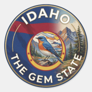 Sticker Rond 💎 Drapeau de l'Idaho et oiseau bleu de montagne G