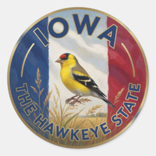 Sticker Rond 🌾 Drapeau de l'Iowa et Chardonneret jaune Hawkeye
