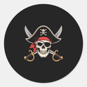 Sticker Rond Drapeau de pirate de crâne Jolly Roger Halloween d