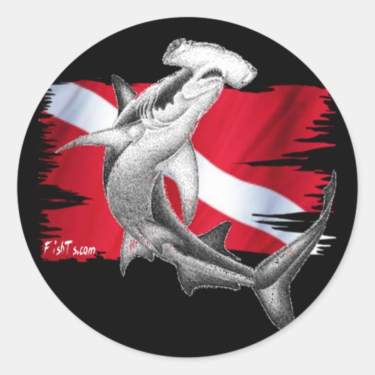 Sticker Rond Drapeau de plongée avec requin marteau plongeur ve (Devant)
