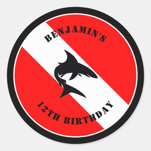 Sticker Rond Drapeau de plongée et requin personnalisés (Devant)