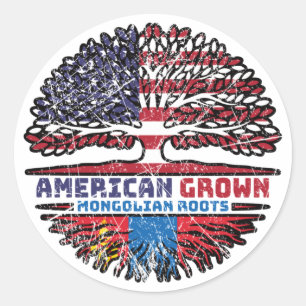 Sticker Rond Drapeau des racines d'arbre Mongolie-Amérique