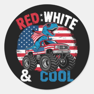 Sticker Rond Drapeau du 4 juillet camion monstre dinosaure garç