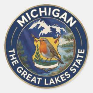 Sticker Rond 🌊 Drapeau du Michigan et Merle d'Amérique Grands