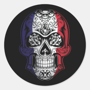 Sticker Rond Drapeau France Crâne Et Rose