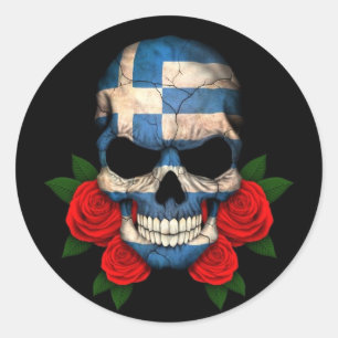 Sticker Rond Drapeau grec crâne avec des roses rouges