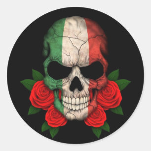 Sticker Rond Drapeau italien crâne avec roses rouges