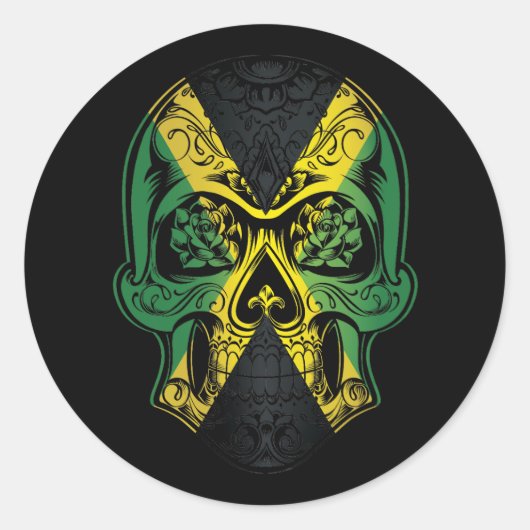 Sticker Rond Drapeau Jamaïcain Et Rose (Devant)