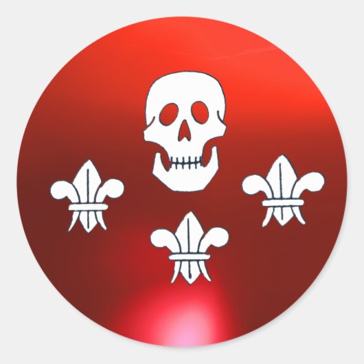 STICKER ROND DRAPEAU JOLLY ROGER ET TROIS LIEUX (Devant)