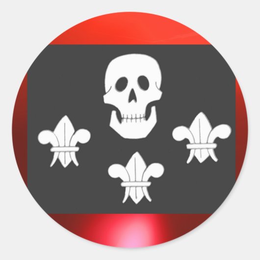 STICKER ROND DRAPEAU JOLLY ROGER ET TROIS LIEUX (Devant)