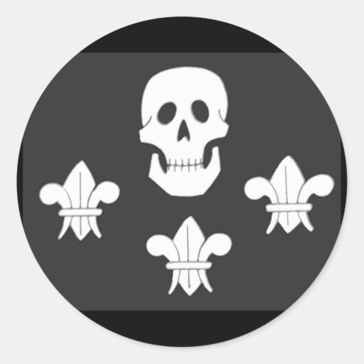 STICKER ROND DRAPEAU JOLLY ROGER ET TROIS LIEUX (Devant)