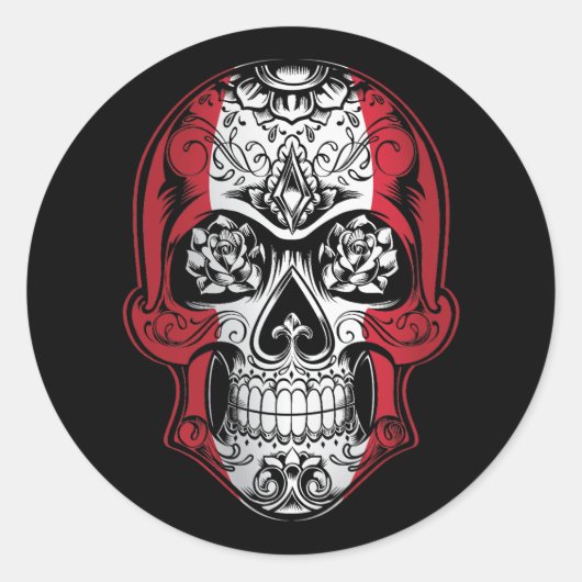 Sticker Rond Drapeau Pérou Crâne Et Rose (Devant)