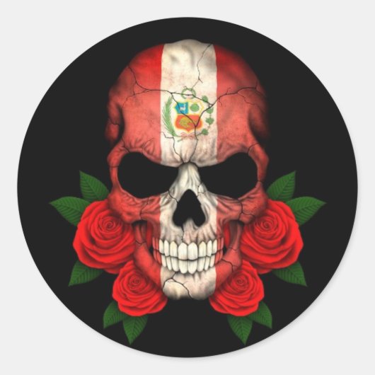 Sticker Rond Drapeau péruvien avec des roses rouges (Devant)