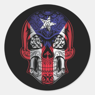 Sticker Rond Drapeau Porto Rico Crâne et Rose