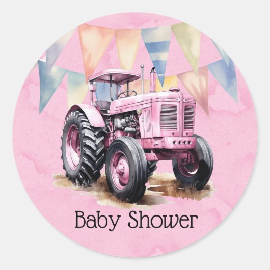 Sticker Rond Drapeau rose Tracteur Baby shower fille d'aquarell (Devant)