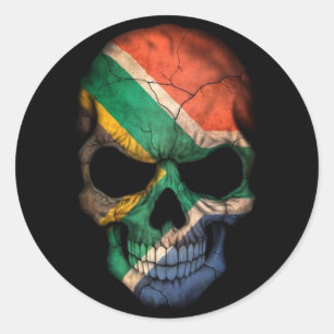 Sticker Rond Drapeau sud-africain crâne sur noir