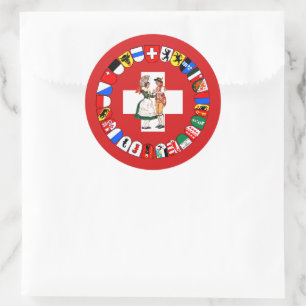 Sticker Rond Drapeau suisse, cantons et danseurs