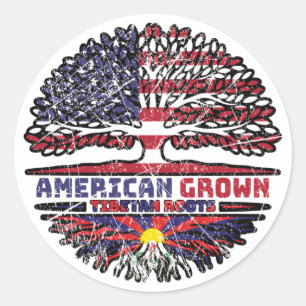 Sticker Rond Drapeau tibétain américain des racines d'arbres