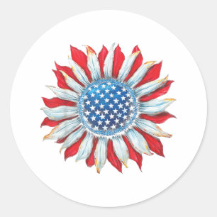 Sticker Rond Drapeau Tournesol Américain 4 juillet Femmes Homme