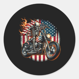Sticker Rond Drapeau Usa Motocyclette Skeleton Biker 4 Juillet