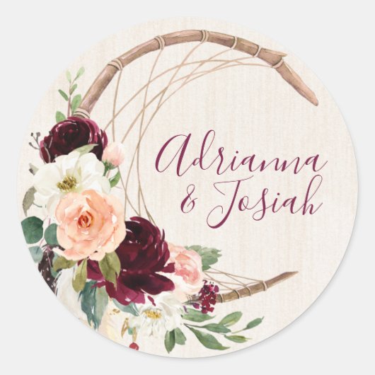 Sticker Rond Dream Catcher Moon Peach & Burgundy Boho Mariage (Devant)