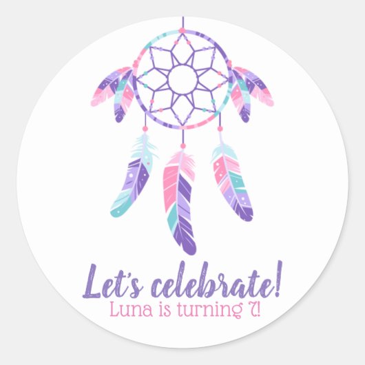 Sticker Rond Dreamcatcher rose violet turquoise parti anniversa (Devant)
