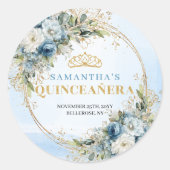 Sticker Rond Dreamy Dusty Blue Gold Greenery Quinceañera Favor (Devant)