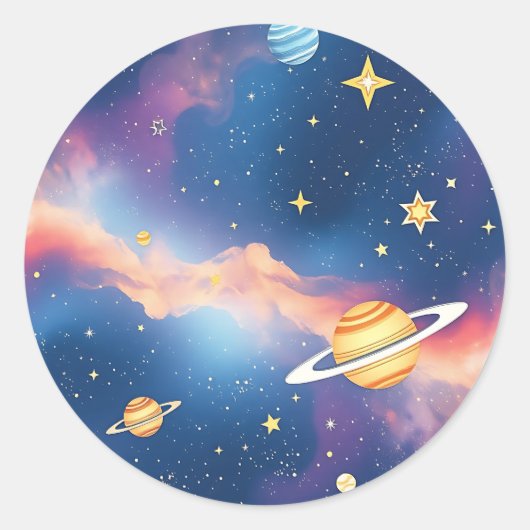 Sticker Rond Dreamy Galaxy Planets Stars Pattern (Devant)