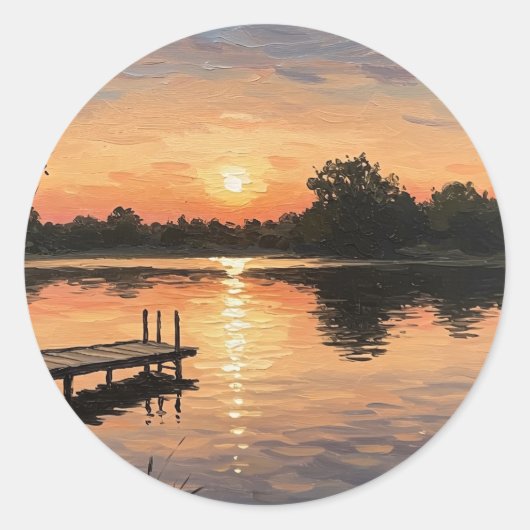 Sticker Rond Dreamy Pink Lake Sunset Dock Moment (Devant)