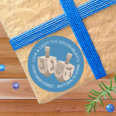 Sticker Rond Dreidel Rustic Chêne Cute Bleu N'Importe Quel Text