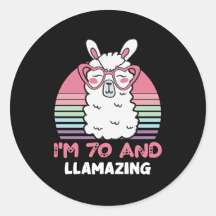 Sticker Rond Drôle Adorable Llama 70e Anniversaire Don Pour Fem