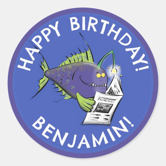 Sticker Rond Drôle angler poisson dessin animé anniversaire per (Devant)