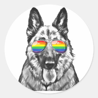 Sticker Rond Drôle berger allemand chien Gay pride Drapeau Sung