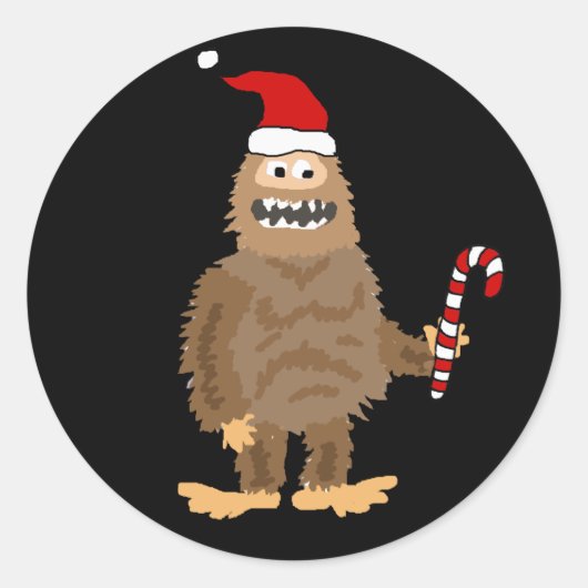 Sticker Rond Drôle Bigfoot dans le chapeau de Noël (Devant)