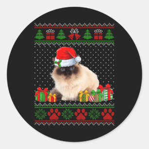Sticker Rond Drôle Birman Chat Santa Hat Vilain Chandail de Noë