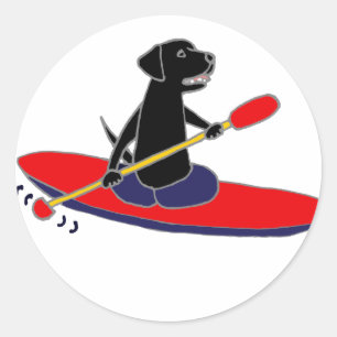 Sticker Rond Drôle Black Labrador Retriever Chien Kayaking