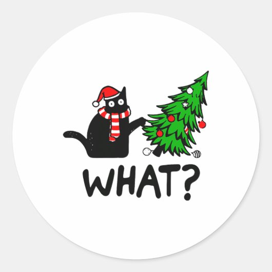 Sticker Rond Drôle cadeau de chat noir Poussant l'arbre de Noël (Devant)