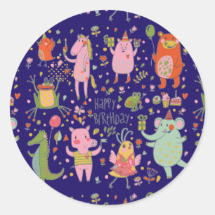 Sticker Rond Drôle Cartoon Animaux Chanter Joyeux Anniversaire