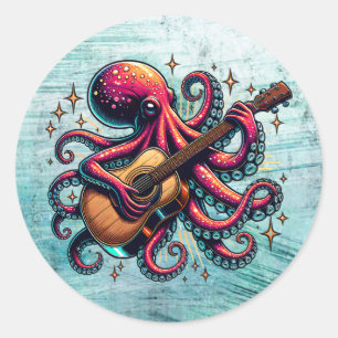 Sticker Rond Drôle Cartoon Octopus Jouer de la guitare