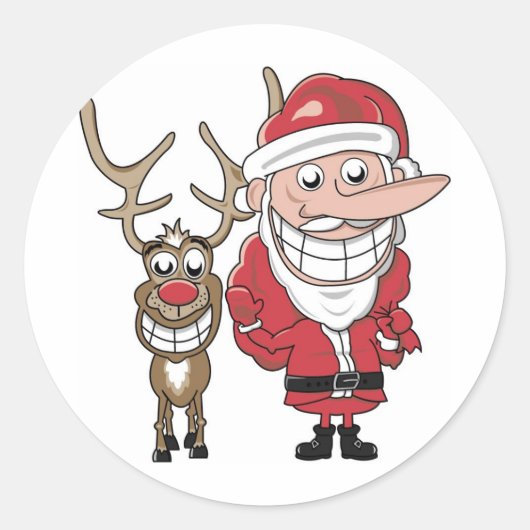 Sticker Rond Drôle Cartoon Père Noël et Rudolph (Devant)