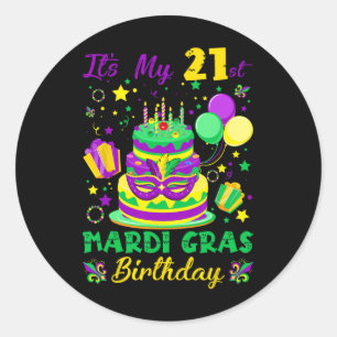 Sticker Rond Drôle C'est My 21st Mardi Gras Birthday King Cake