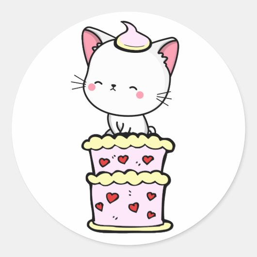 Sticker Rond Drôle chat blanc sautant d'un gâteau (Devant)