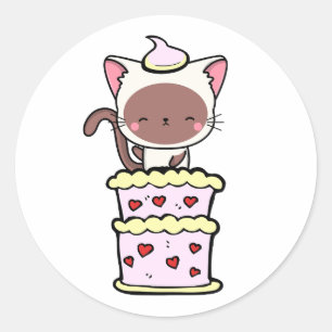 Sticker Rond Drôle chat blanc sautant d'un gâteau