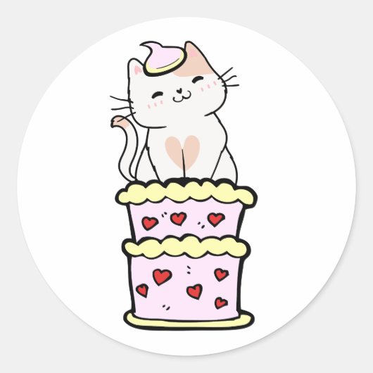 Sticker Rond Drôle chat blanc sautant d'un gâteau (Devant)