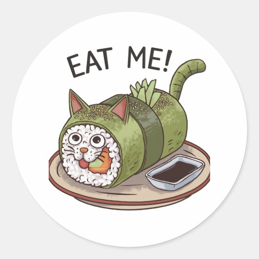 Sticker Rond Drôle Chat en forme de Sushi Roll (Devant)