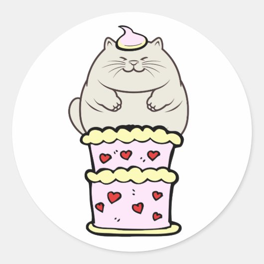 Sticker Rond Drôle chat gras sautant d'un gâteau (Devant)