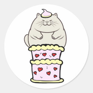 Sticker Rond Drôle chat gras sautant d'un gâteau