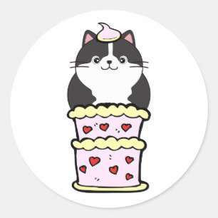 Sticker Rond Drôle chat gras sautant d'un gâteau